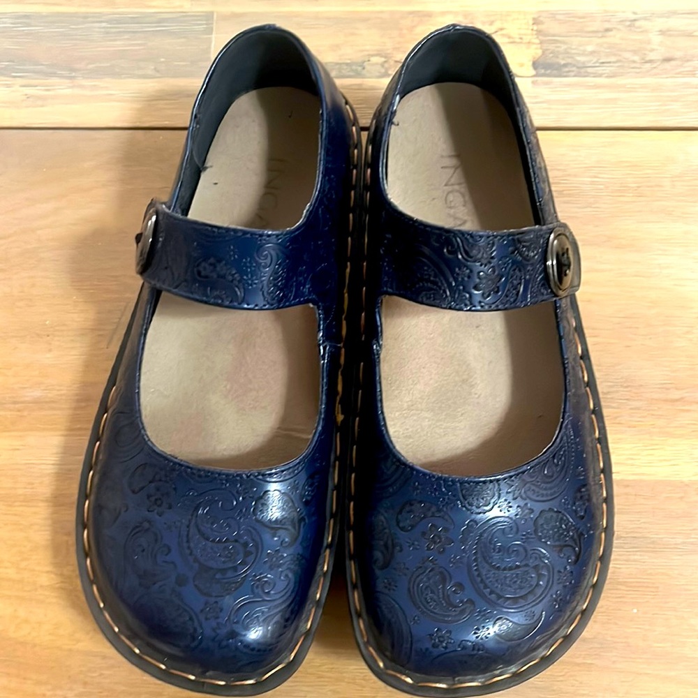 Navy Blue Slip Resistant Mary Janes with velcro closing.